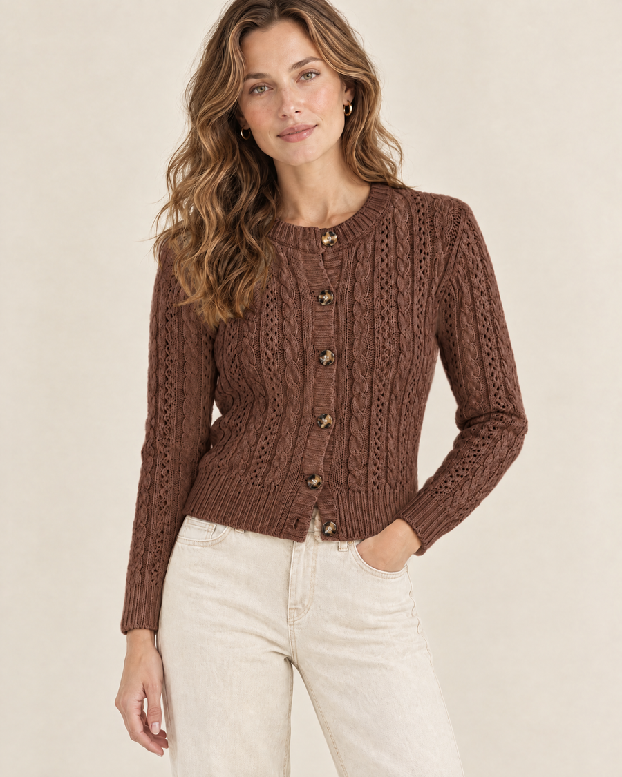 Greta Cable Button Cardigan in Brown