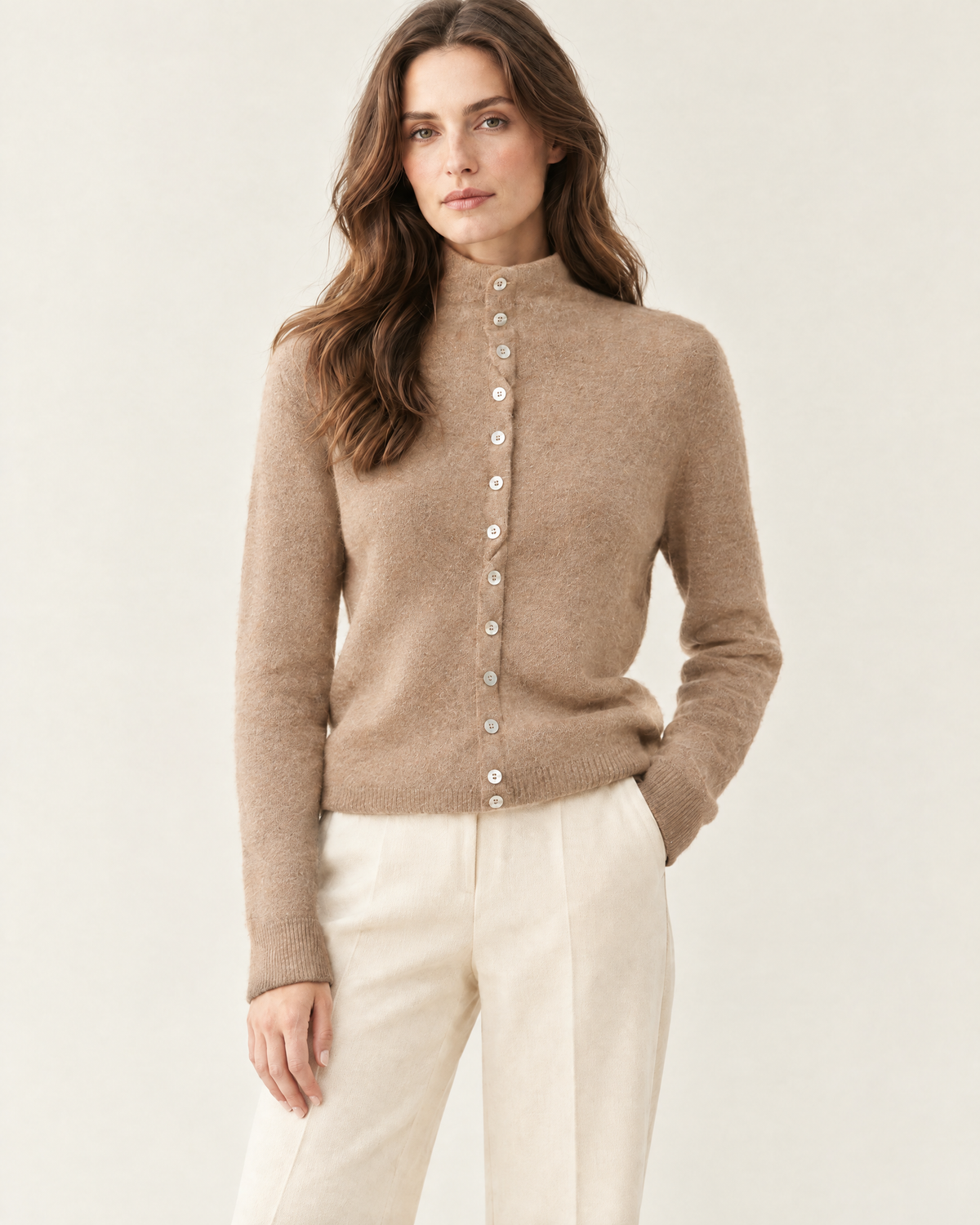 Vida Reversible High-Neck Cardigan in Camel