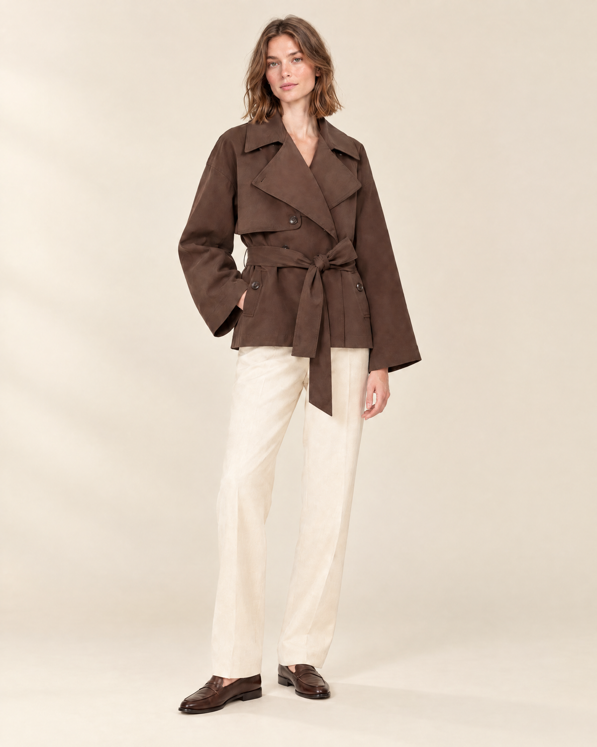 Nora Belted Trench Jacket in chocolate, front view