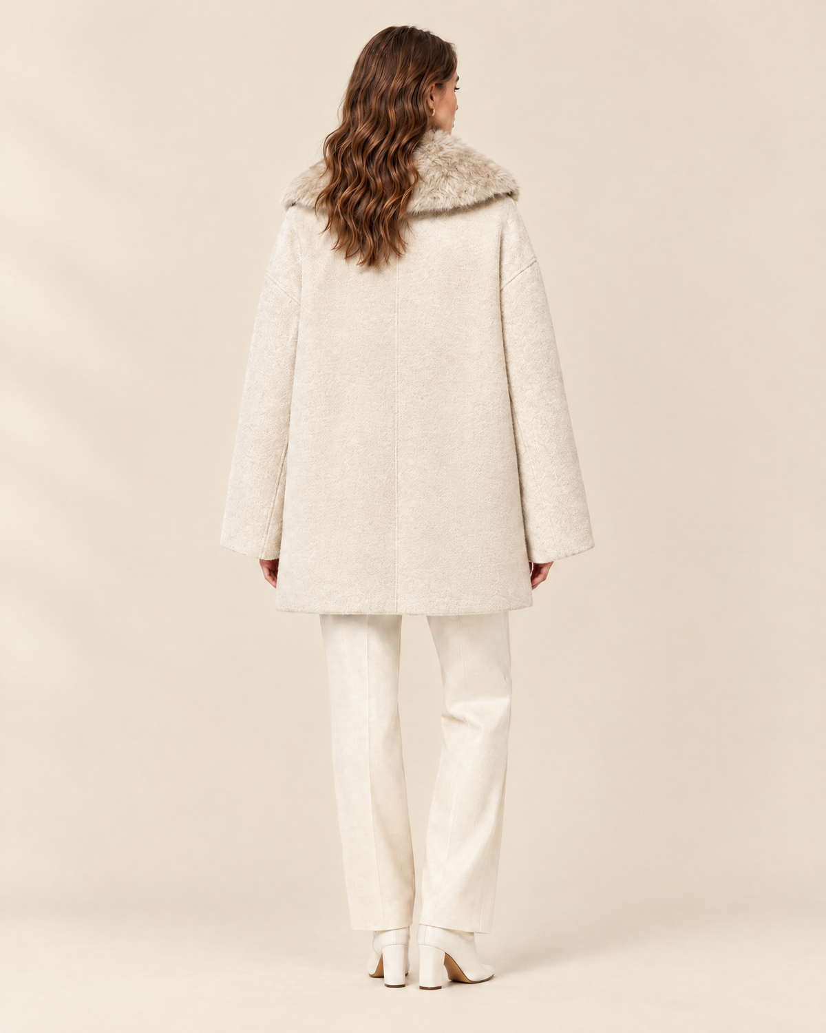 Ines Faux Fur Collar Coat in cream, back view