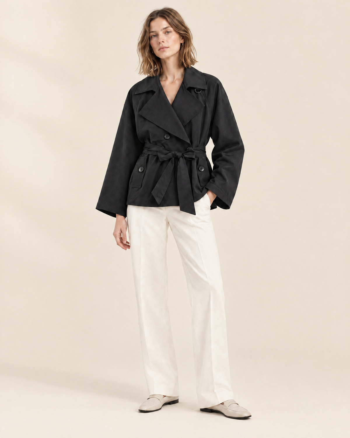 Nora Belted Trench Jacket in black, front view