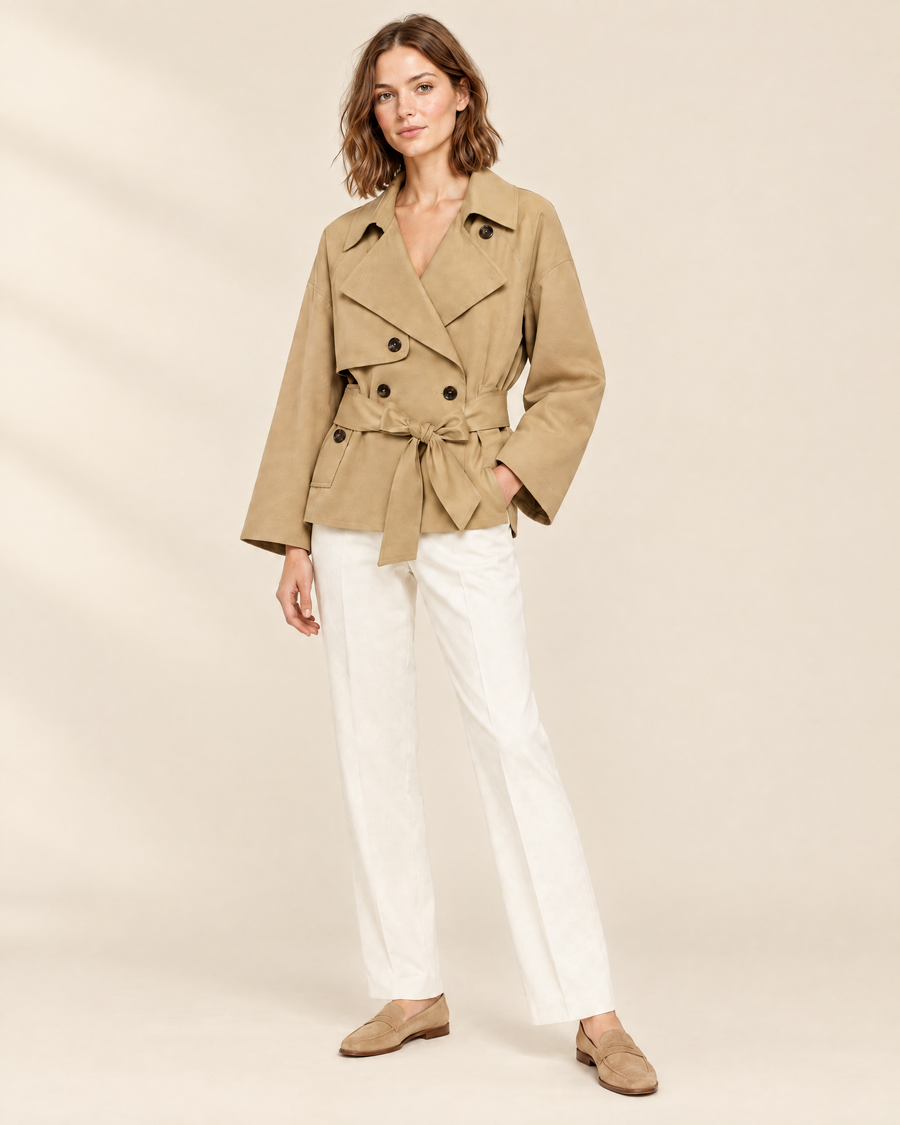Nora Belted Trench Jacket in khaki, front view