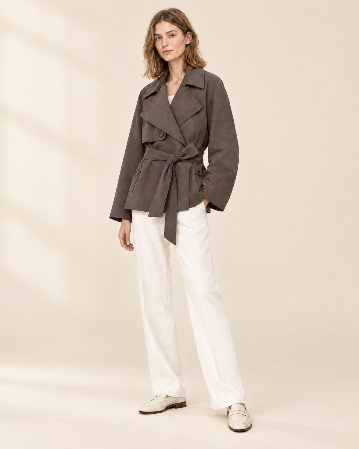 Nora Belted Trench Jacket in taupe, front view
