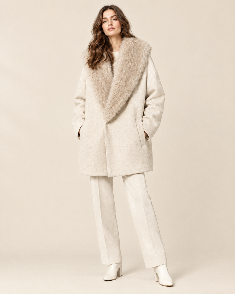 Ines Faux Fur Collar Coat in cream, front view