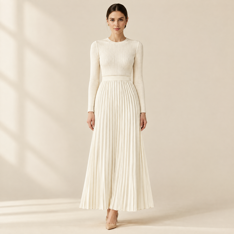 Odile Pleated Knit Dress in Cream