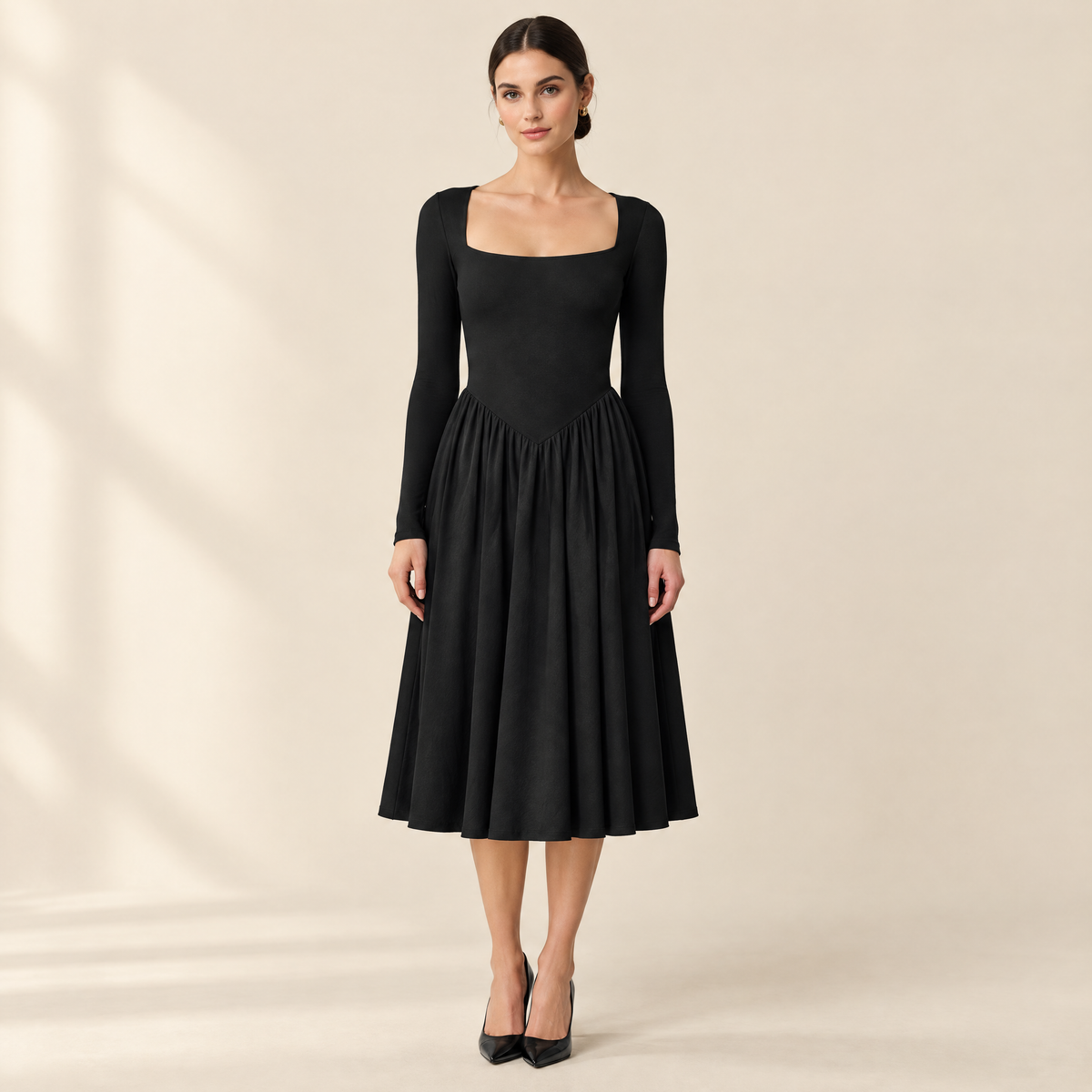 Juliette Square-Neck Midi Dress in Black