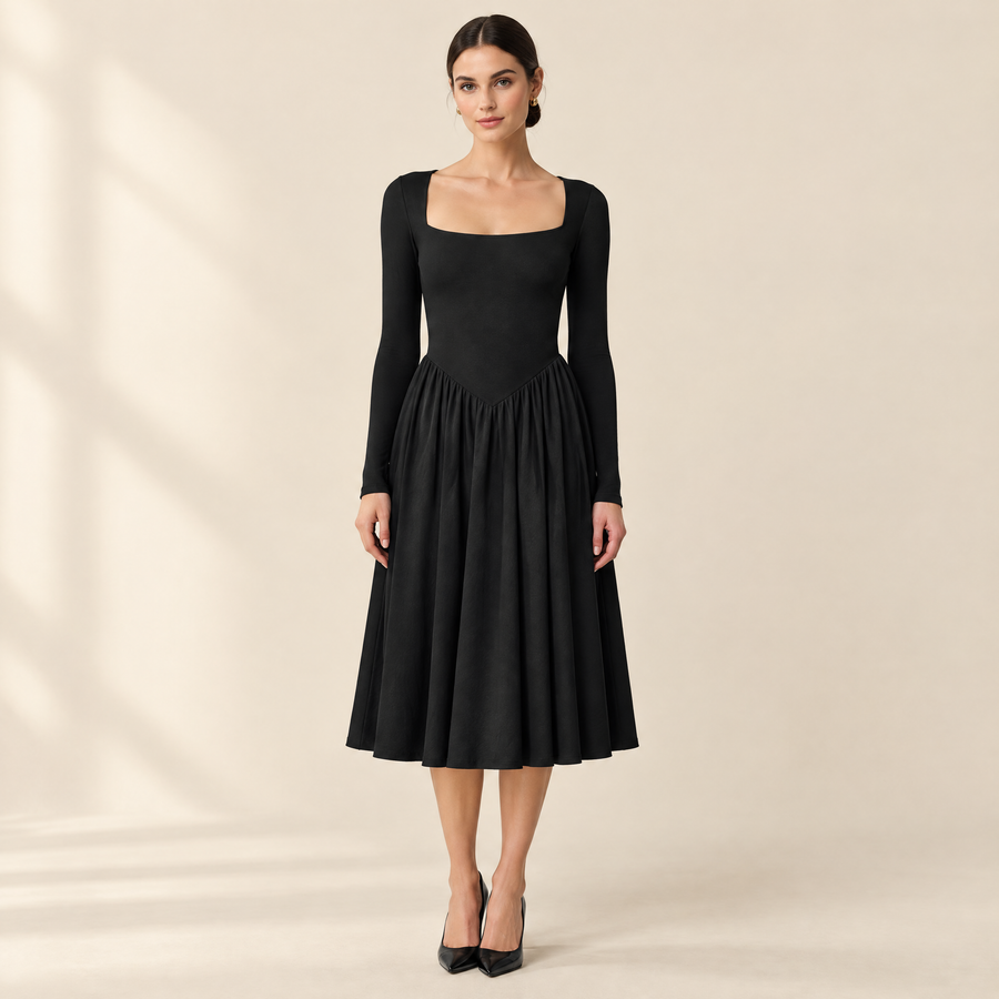 Juliette Square-Neck Midi Dress in Black