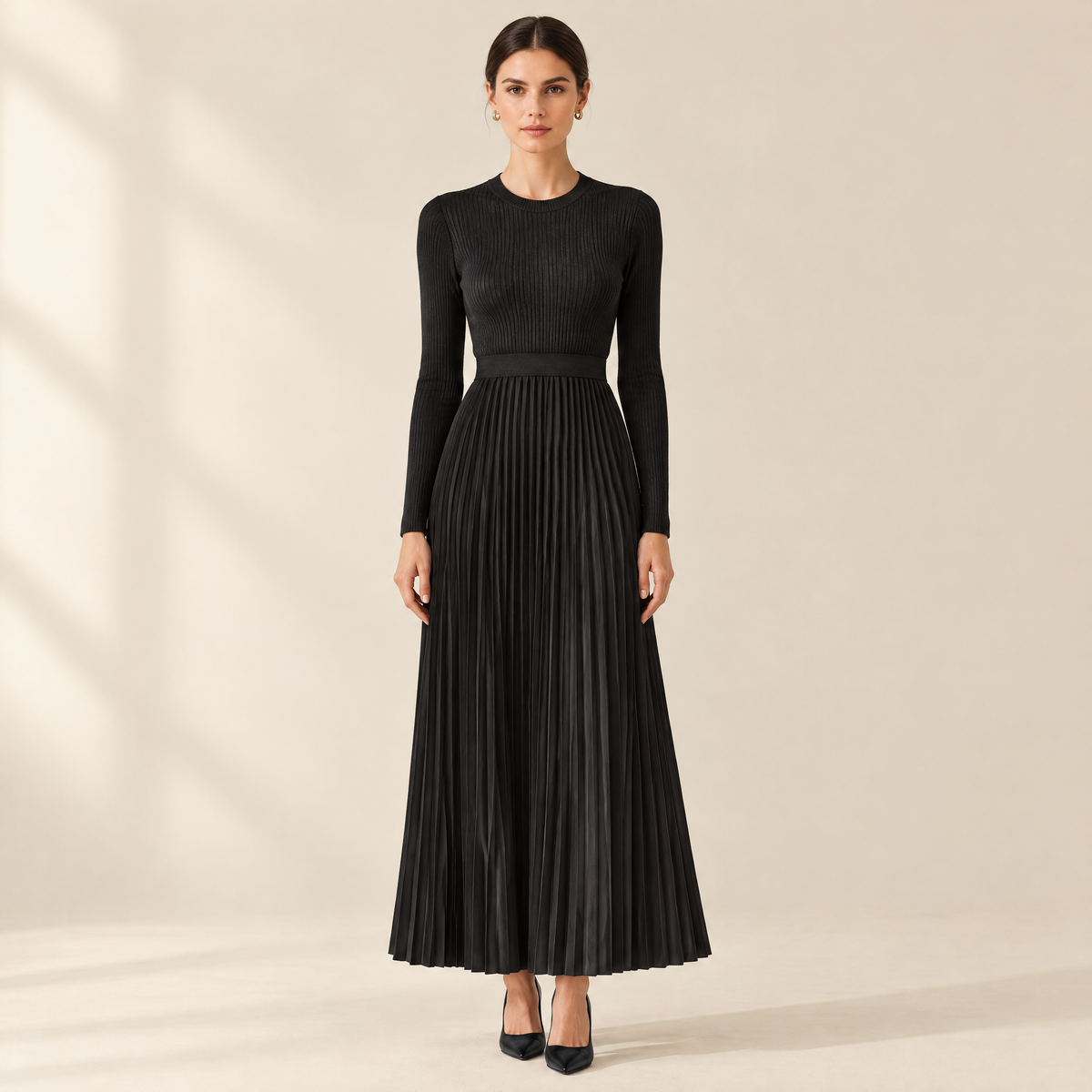 Odile Pleated Knit Dress in Black