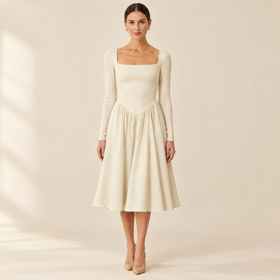Juliette Square-Neck Midi Dress in Beige