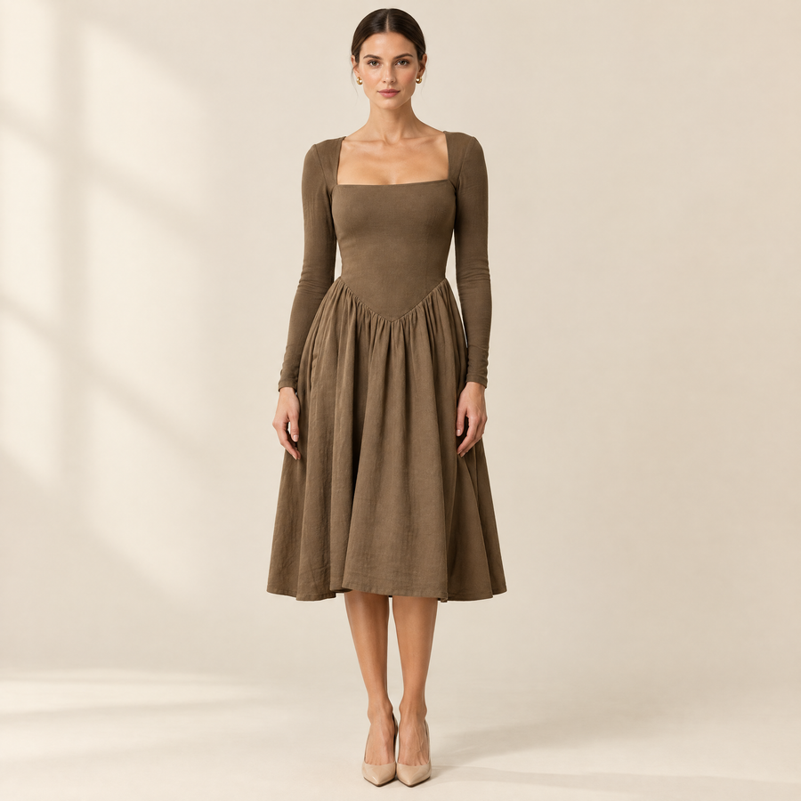 Juliette Square-Neck Midi Dress in Brown