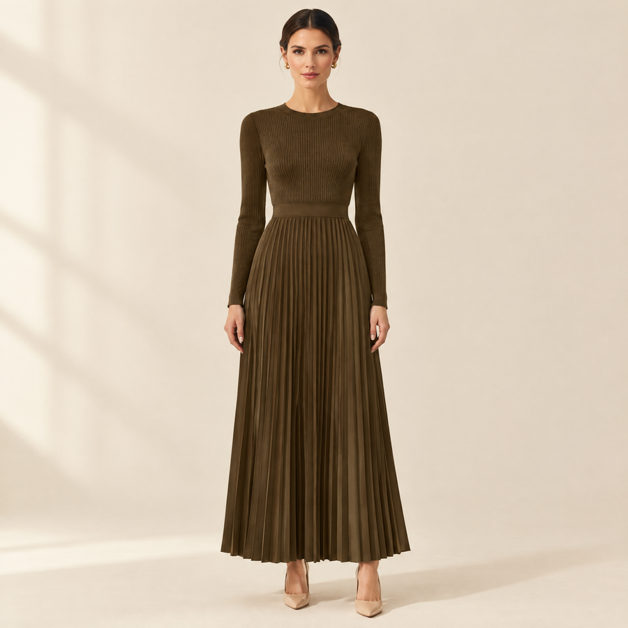 Odile Pleated Knit Dress in Brown