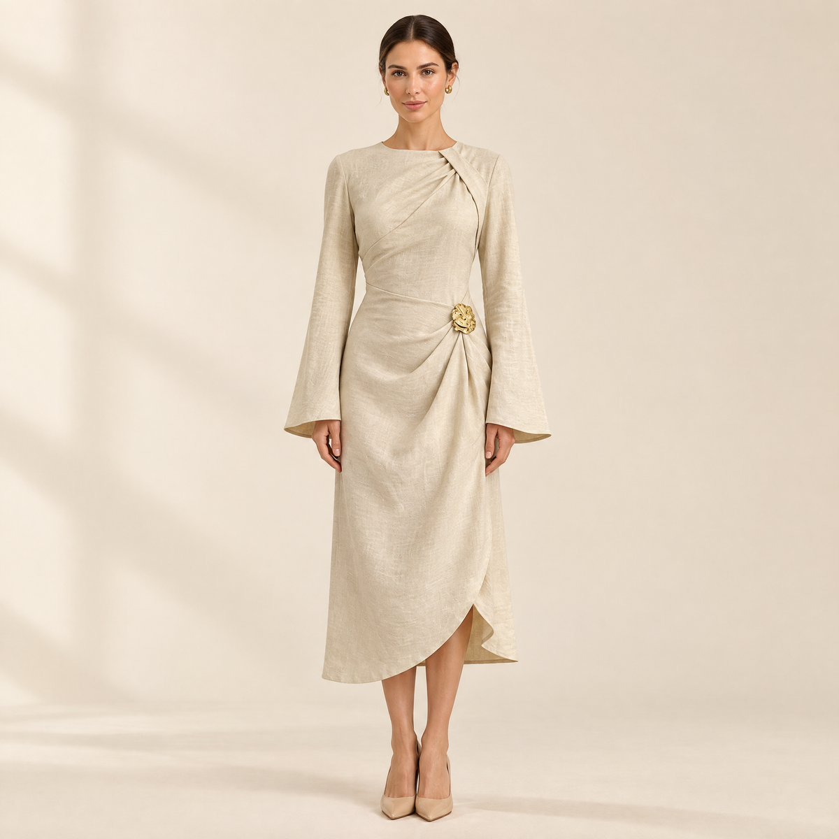 Daphne Ruched Midi Dress in Beige