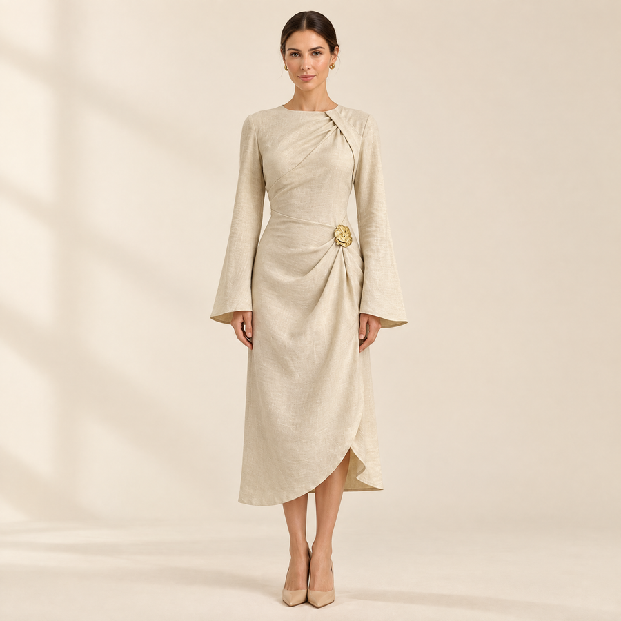 Daphne Ruched Midi Dress in Beige