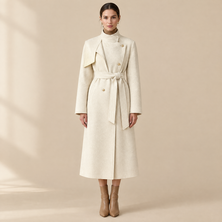 Vivienne Belted Longline Coat in Off-White