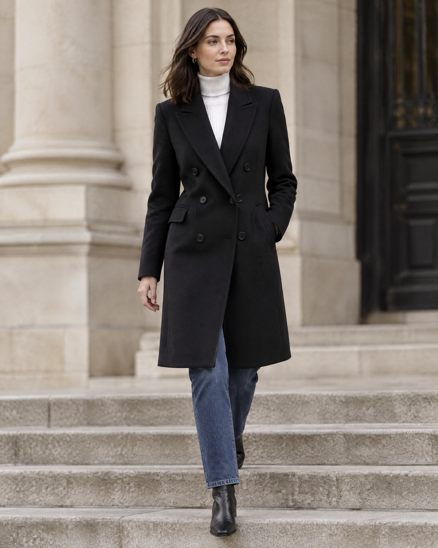 Colette Double-Breasted Coat styled outdoors