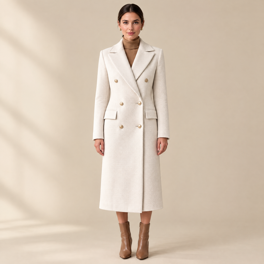 Estelle Double-Breasted Longline Coat in Cream