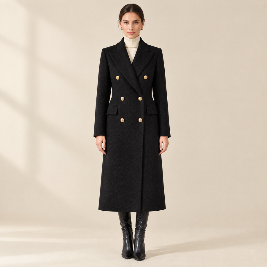 Estelle Double-Breasted Longline Coat in Black