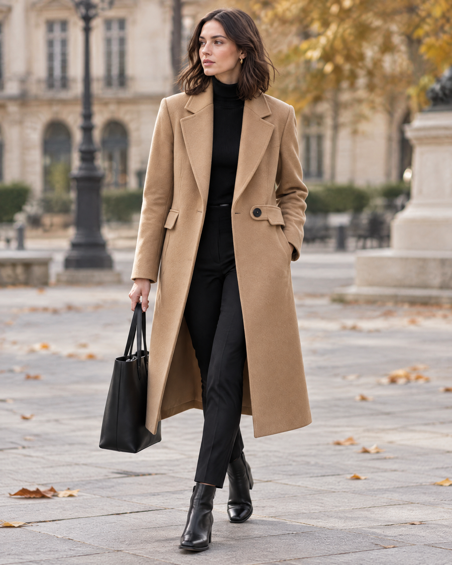 Camille Single-Button Coat styled outdoors