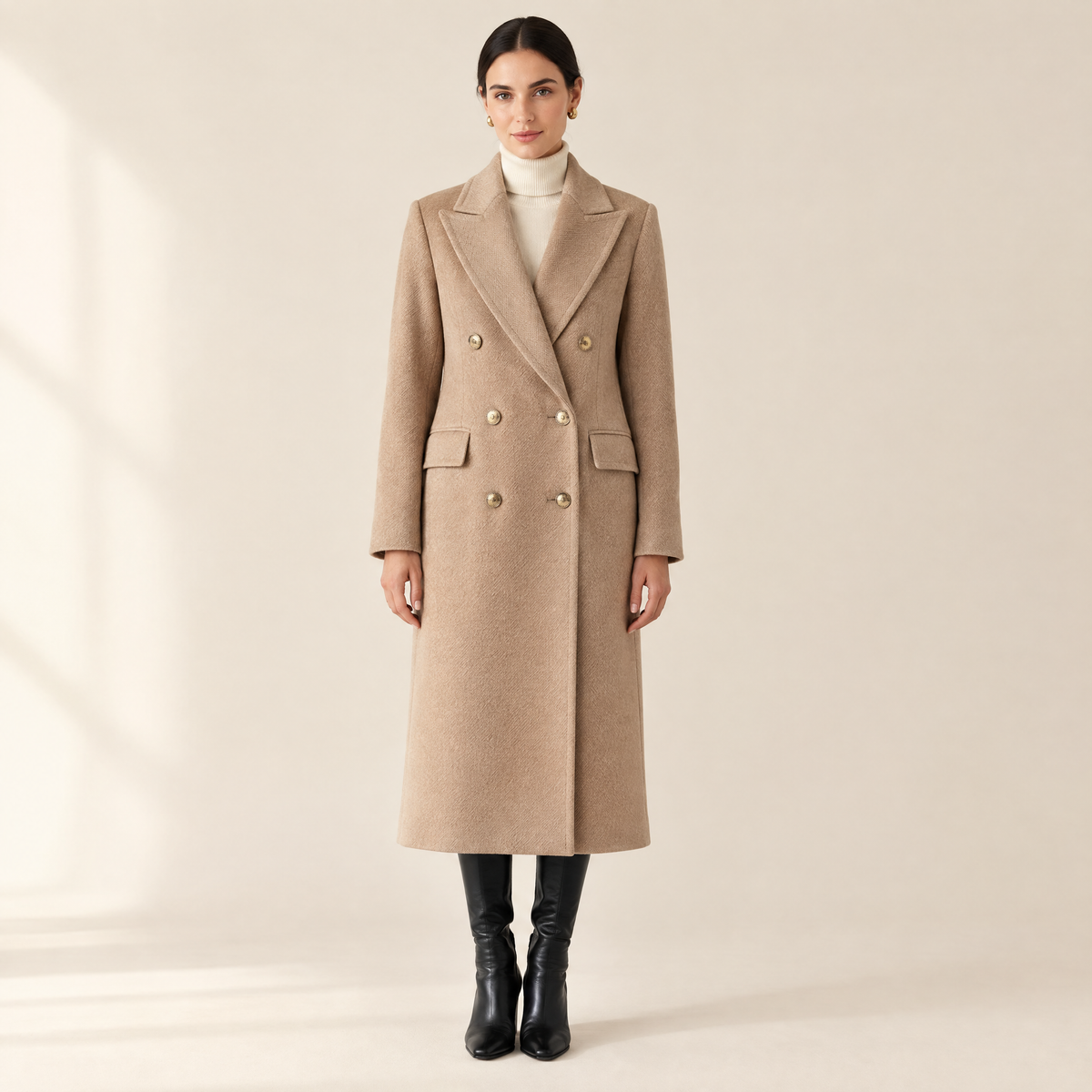 Estelle Double-Breasted Longline Coat in Camel