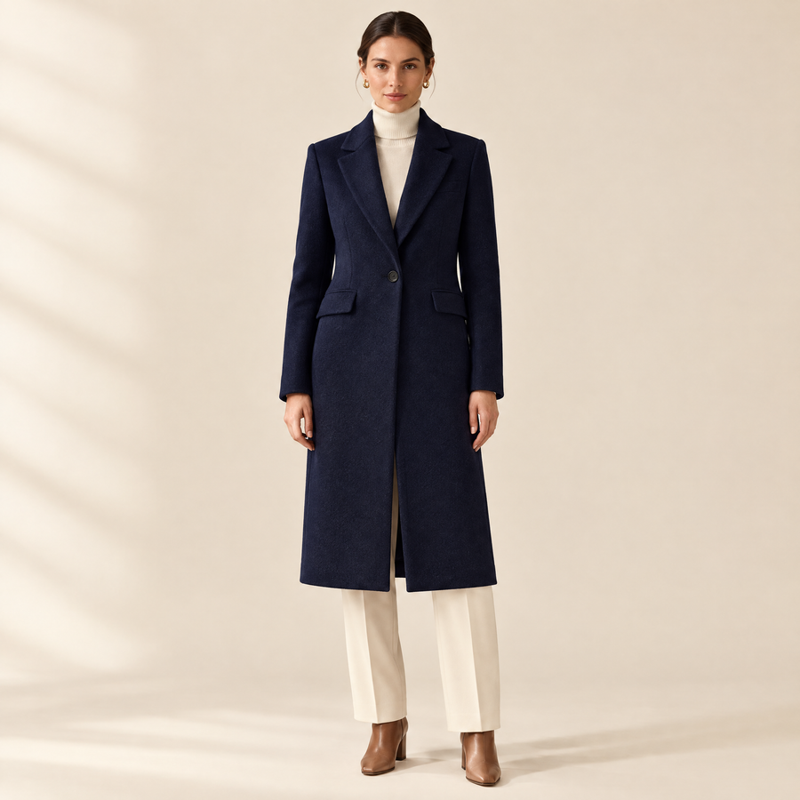 Camille Single-Button Coat in Navy Blue