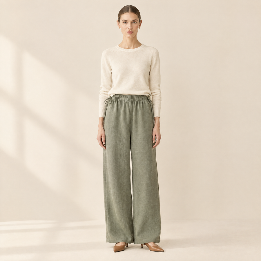 Lucia Linen-Blend Wide-Leg Trousers in sage, styled with a cream knit