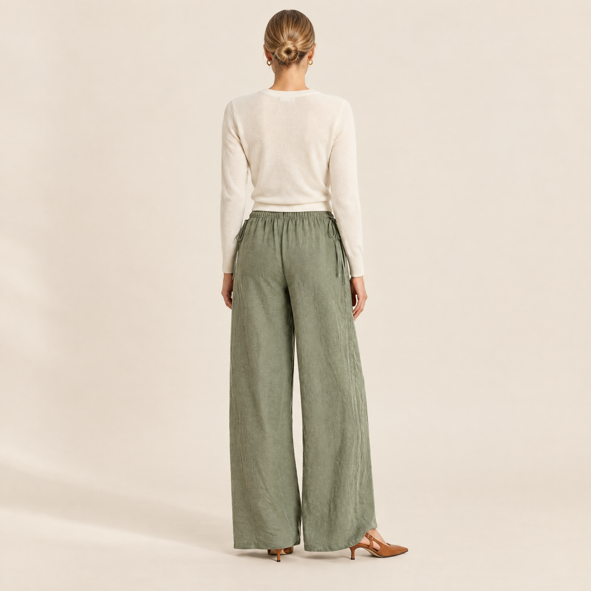 Lucia Linen-Blend Wide-Leg Trousers in sage, back view