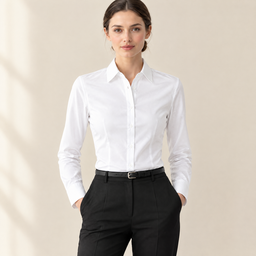 Clara Slim Button-Down Shirt in White, long sleeve