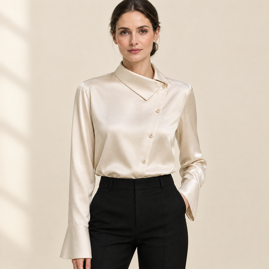 Margaux Asymmetric Collar Blouse in Beige