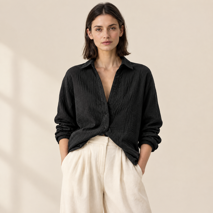 Ilse Textured Cotton Shirt in Black