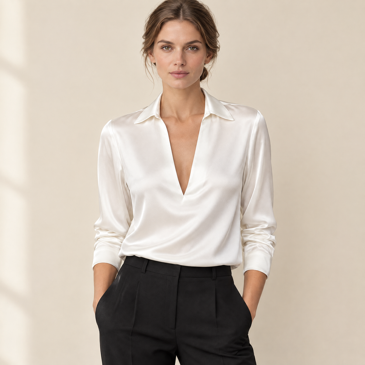 Viola Satin Collar Blouse in White