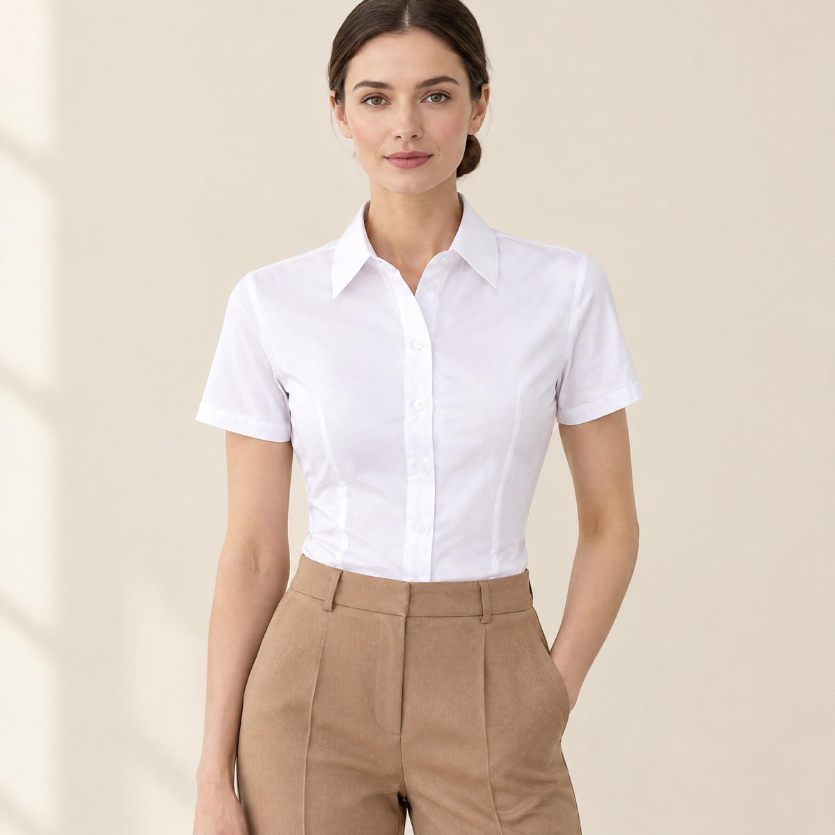 Clara Slim Button-Down Shirt in White, short sleeve