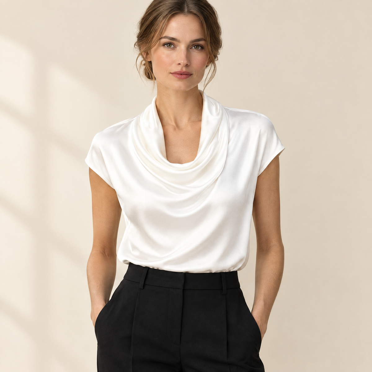 Lena Satin Cowl Blouse in White