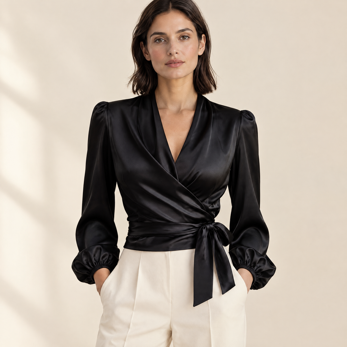 Nina Satin Wrap Blouse in Black