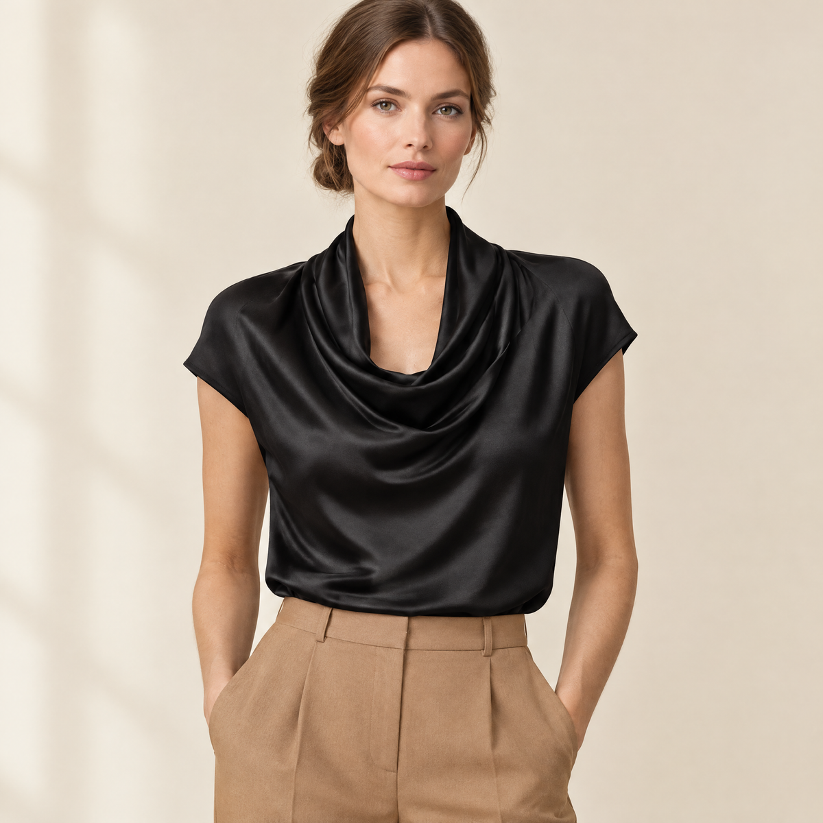 Lena Satin Cowl Blouse in Black