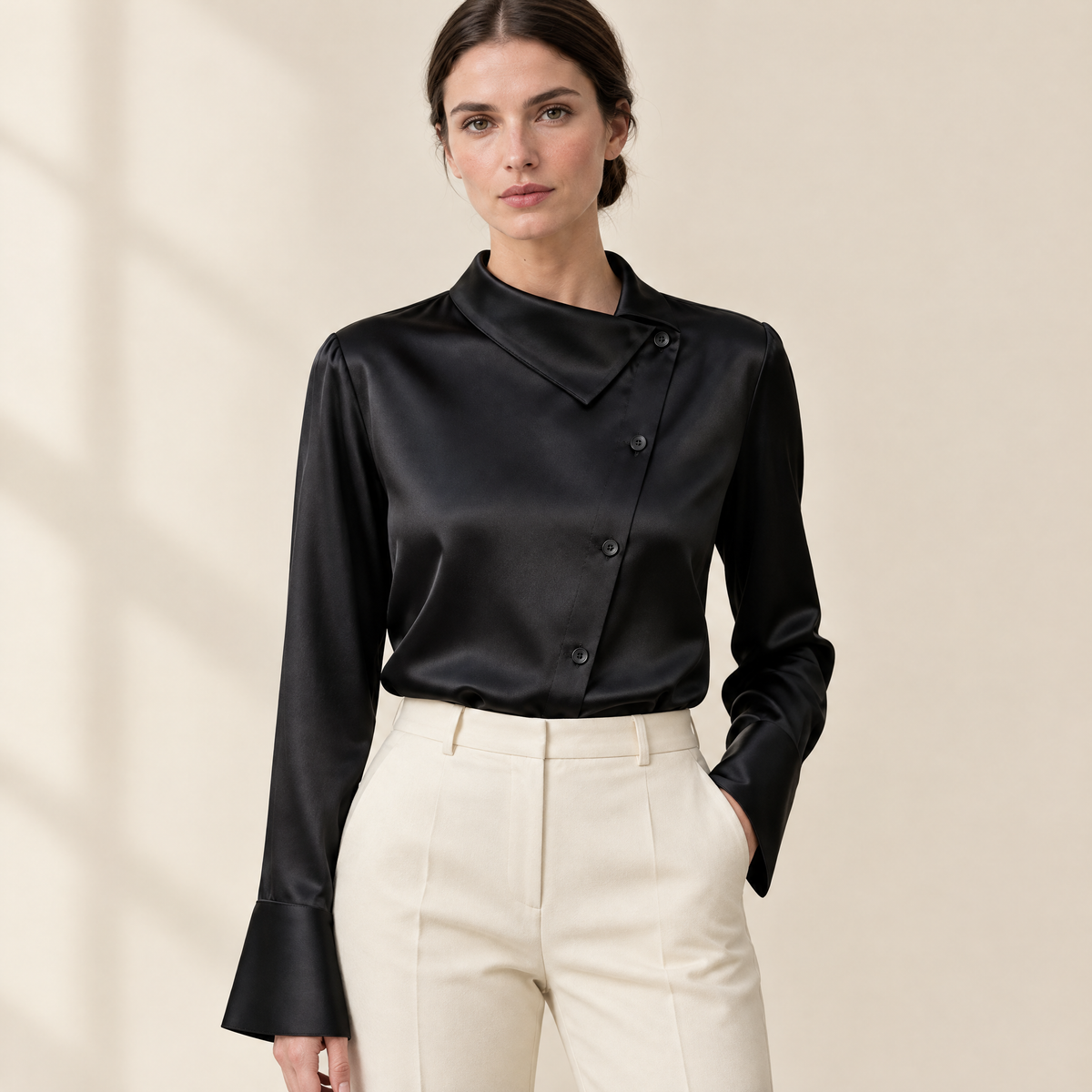 Margaux Asymmetric Collar Blouse in Black