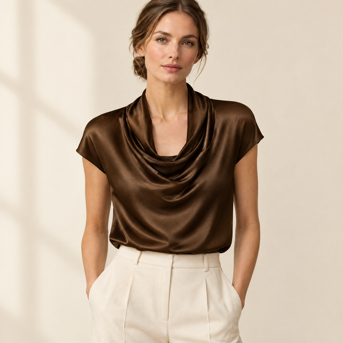Lena Satin Cowl Blouse in Chocolate