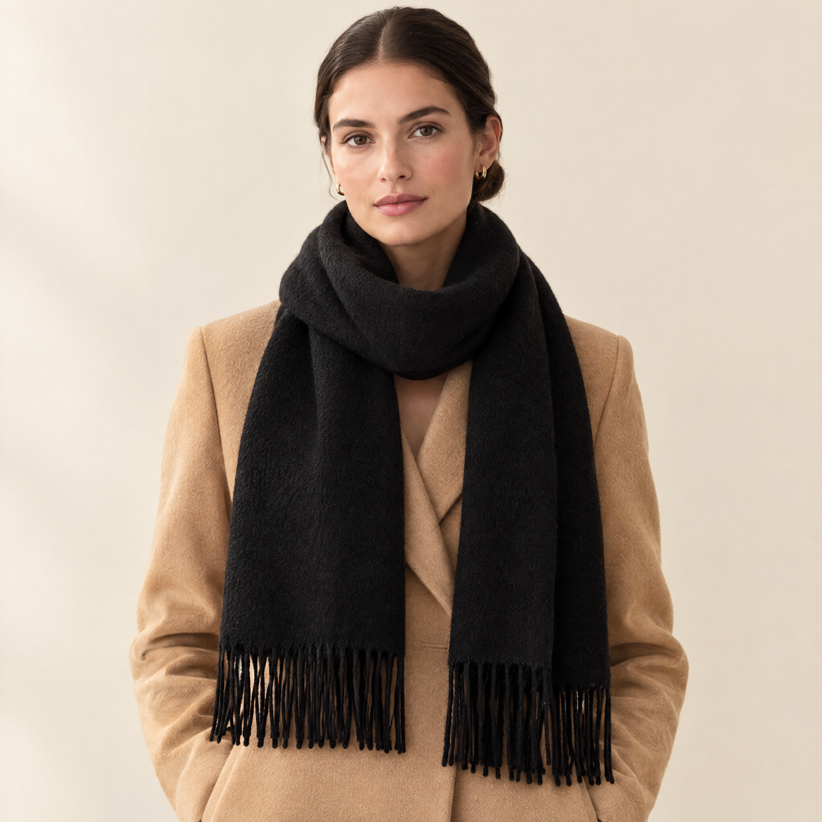 Saga Fringed Wool Scarf in Black