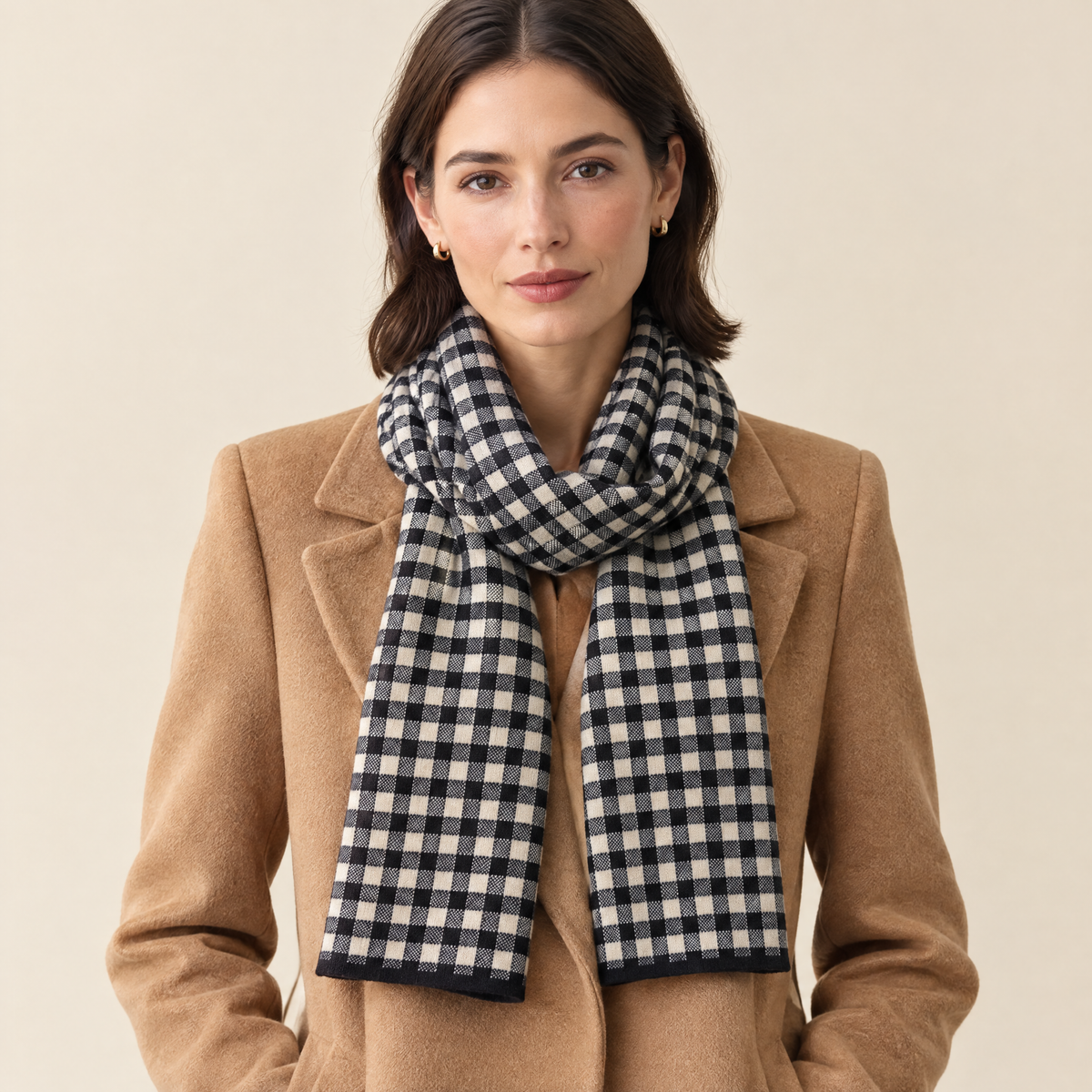Greer Wool Gingham Scarf in Black