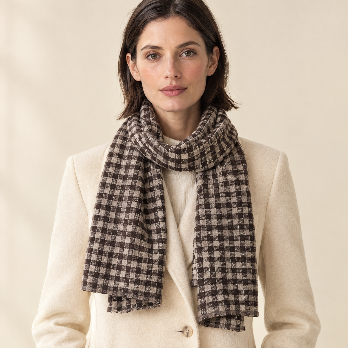Greer Wool Gingham Scarf in Brown