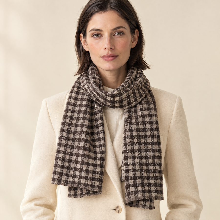 Greer Wool Gingham Scarf in Brown