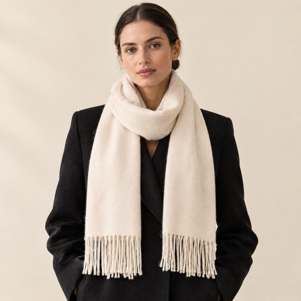 Saga Fringed Wool Scarf in Beige