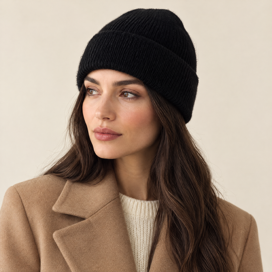 Pia Rib-Knit Beanie in Black