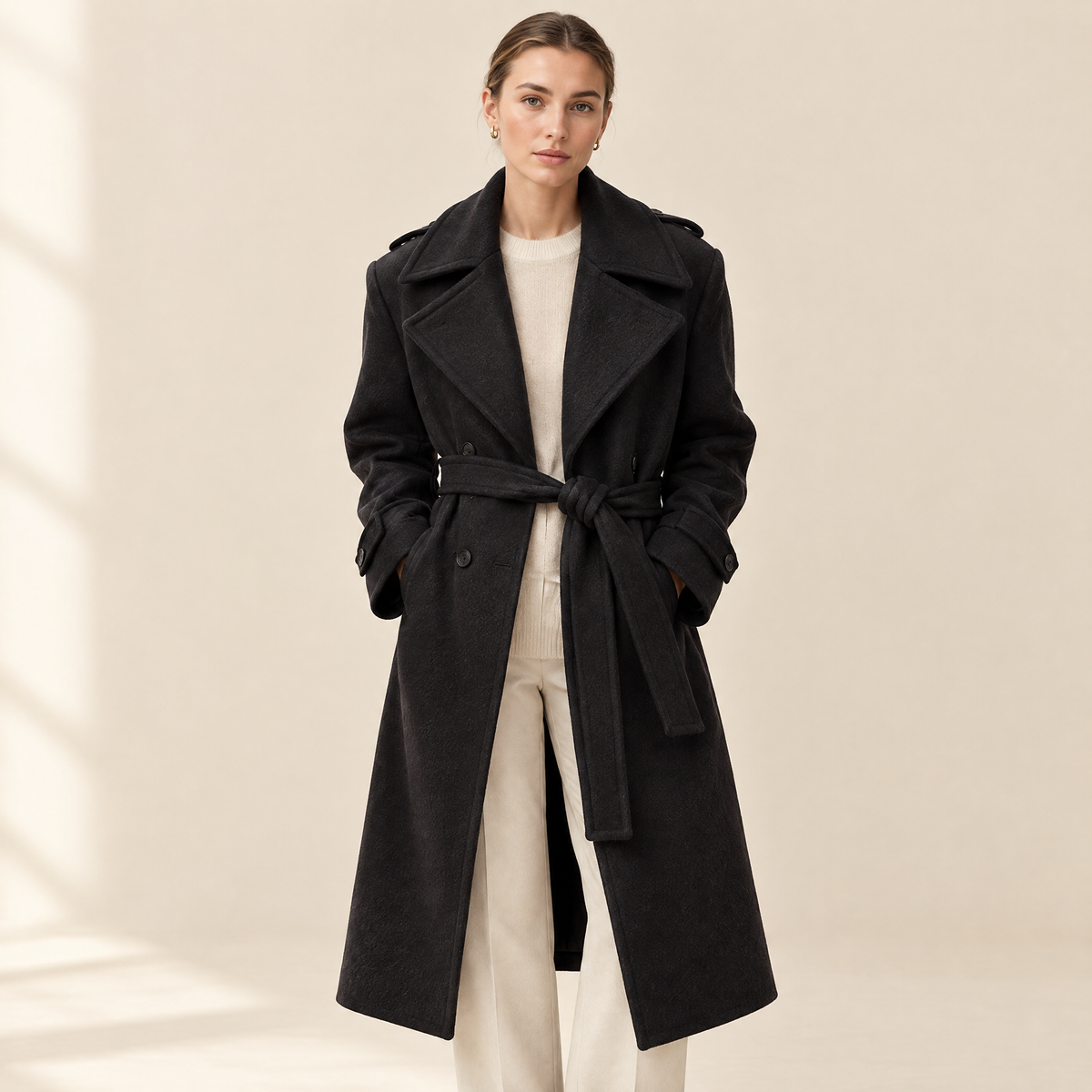 Elin Double-Breasted Coat in black, front view