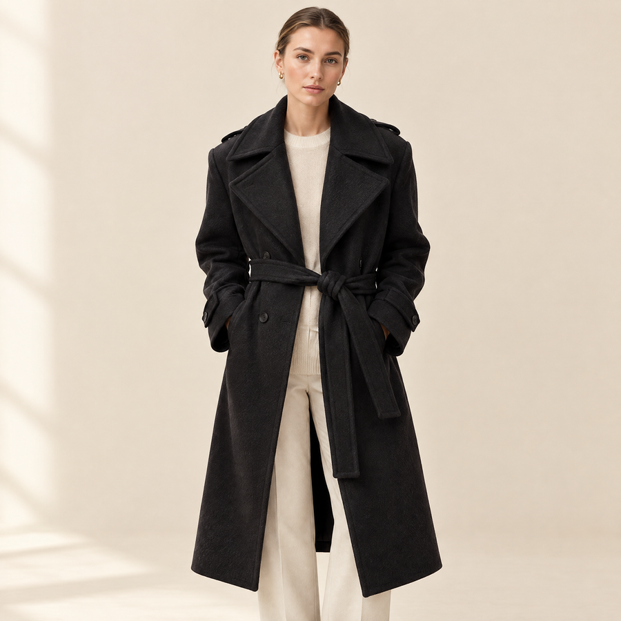 Elin Double-Breasted Coat in black, front view