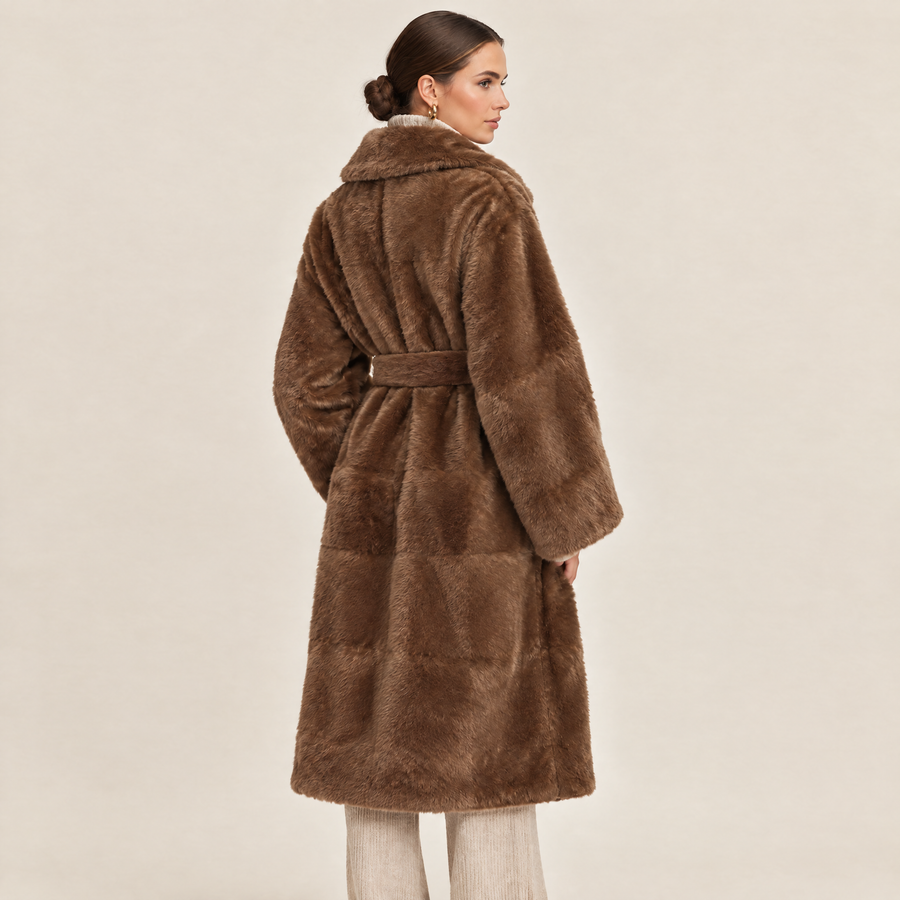 Freya Faux Fur Coat in chocolate, back view