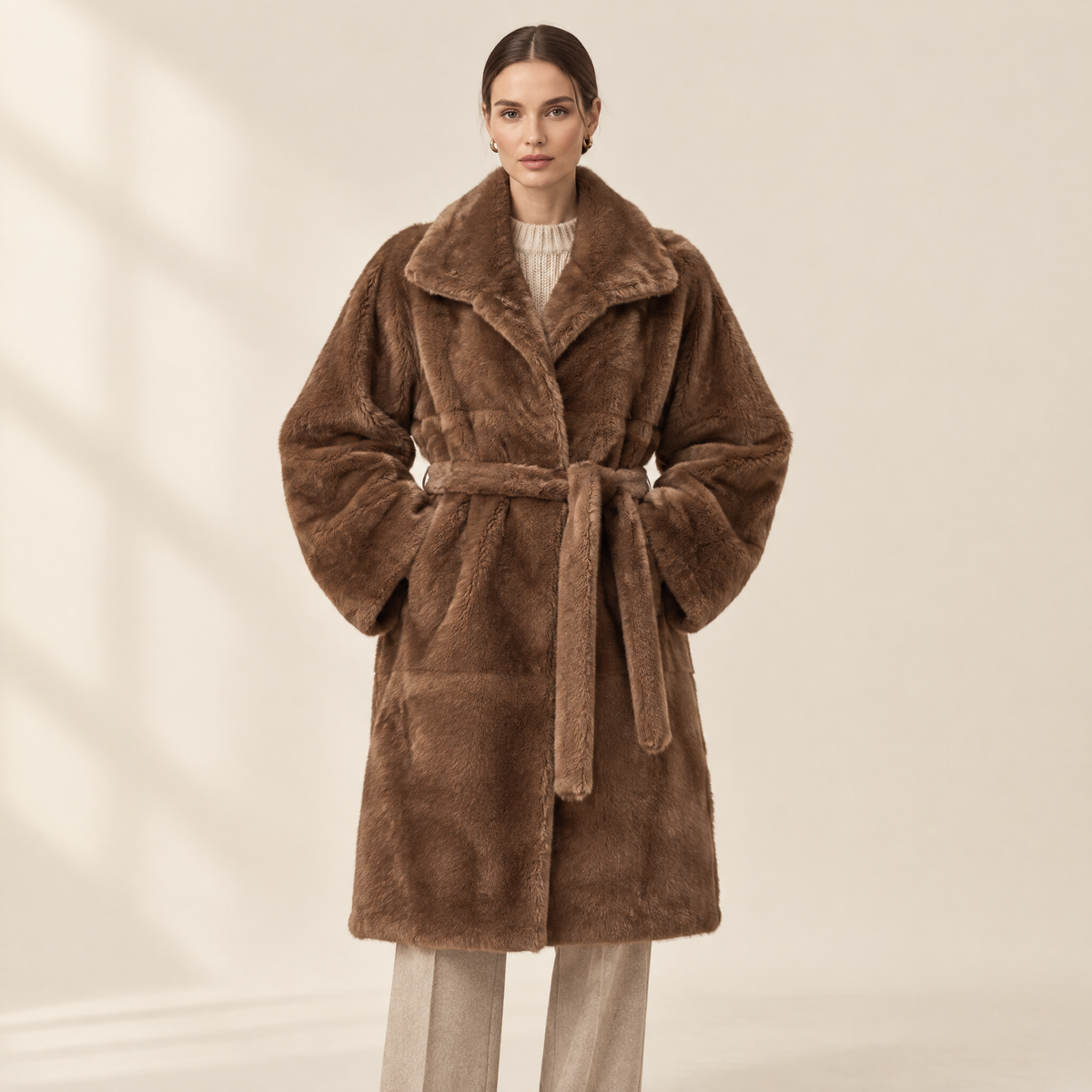 Freya Faux Fur Coat in chocolate, front view