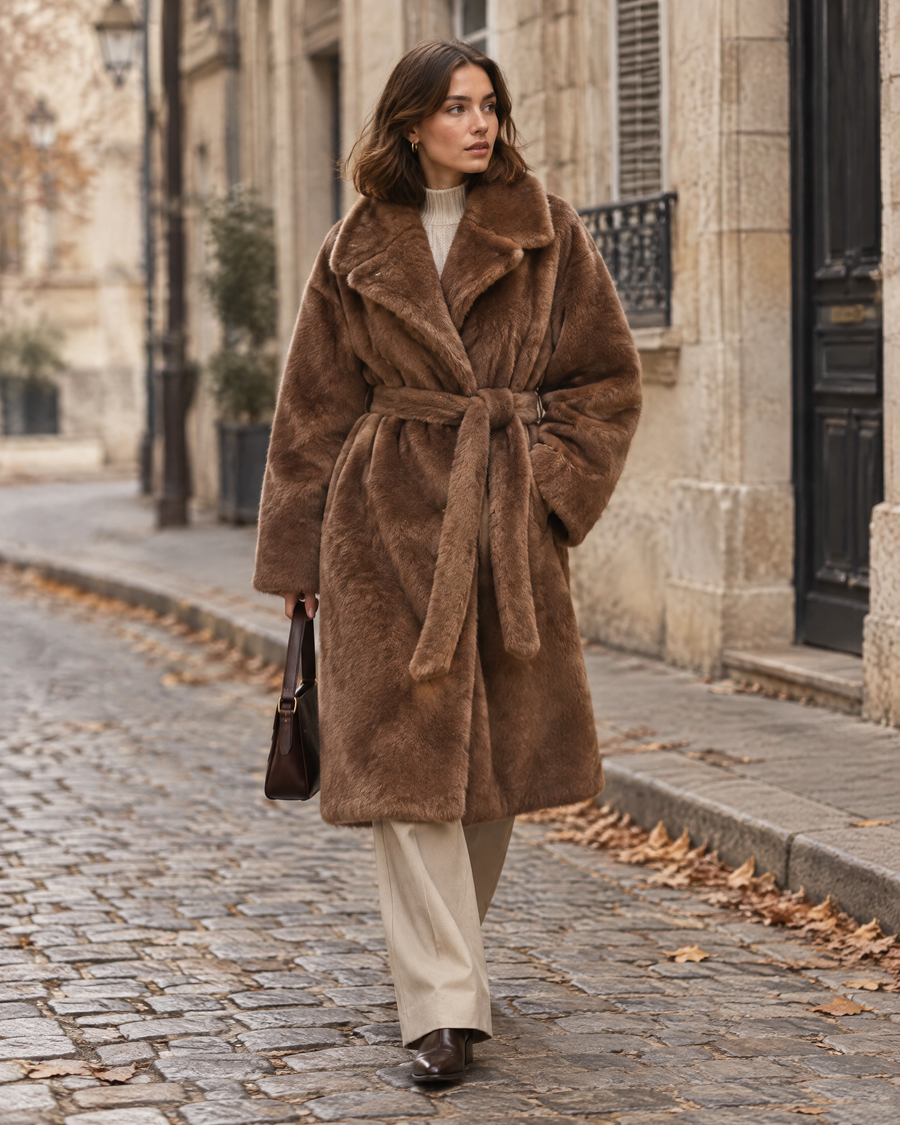 Freya Faux Fur Coat in chocolate, styled view