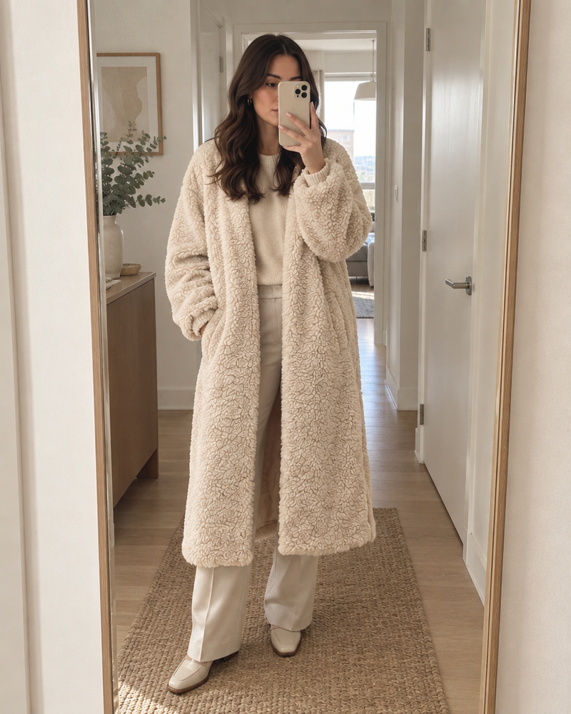 Auria Teddy Coat in cream, mirror selfie at home