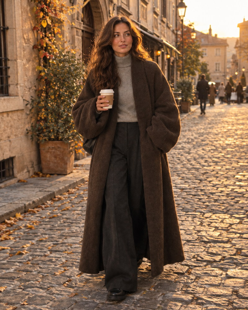 Calla Overcoat in espresso on an autumn street