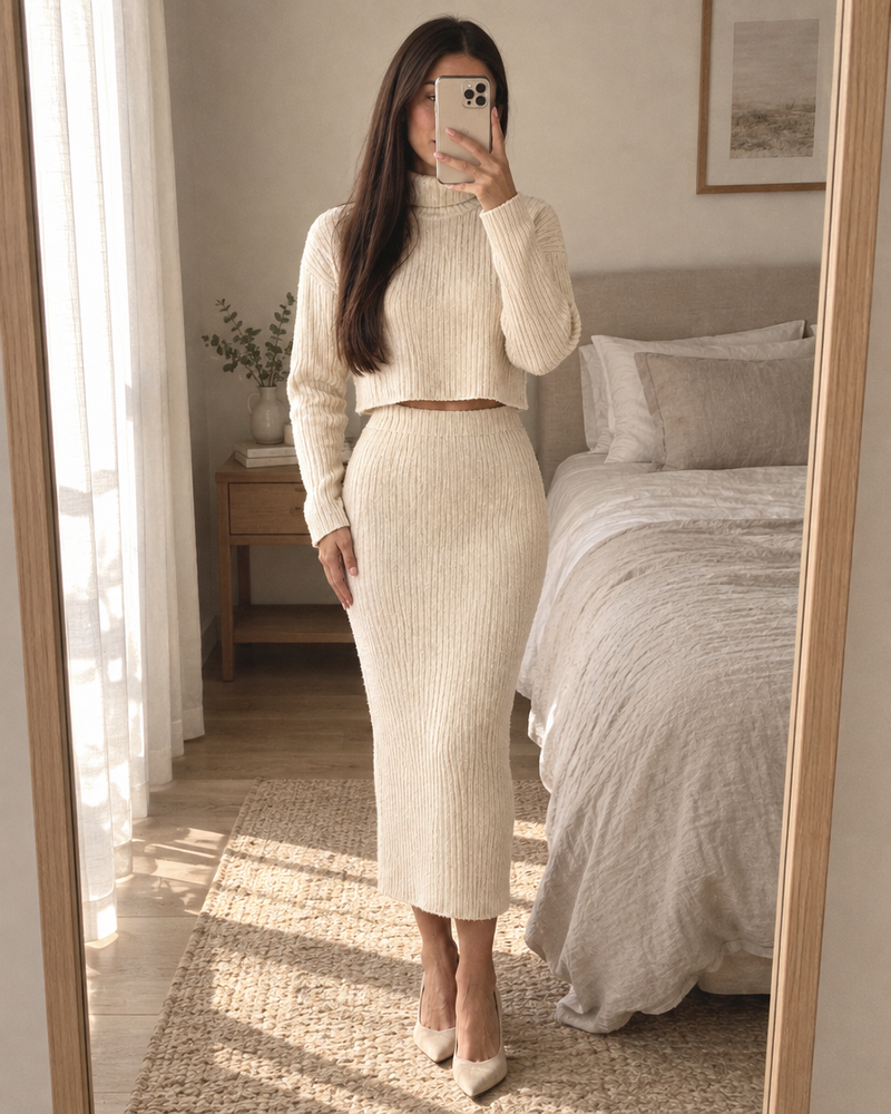 Aveline Skirt Set in cream, mirror selfie